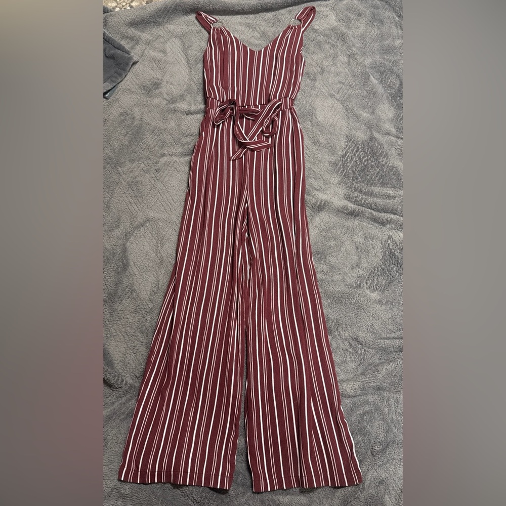 No Boundaries Maroon and White Striped Jumpsuit